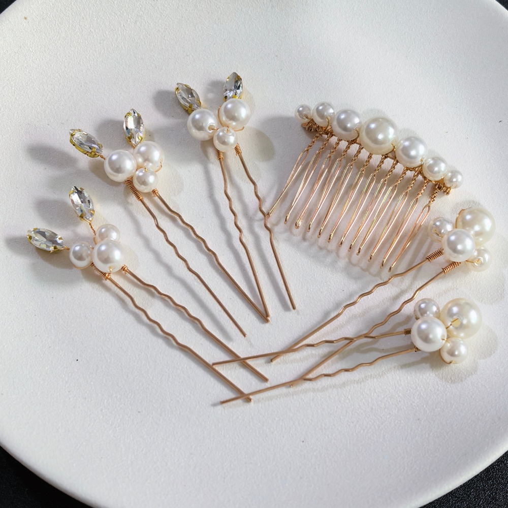 Women Knight Accessories - กิ๊บติดผมคริสตัลมุก ชุดหวีสำหรับเจ้าสาว เครื่องประดับผมงานแต่งงาน กิ๊บติดผมรูปตัว U ทำมือ