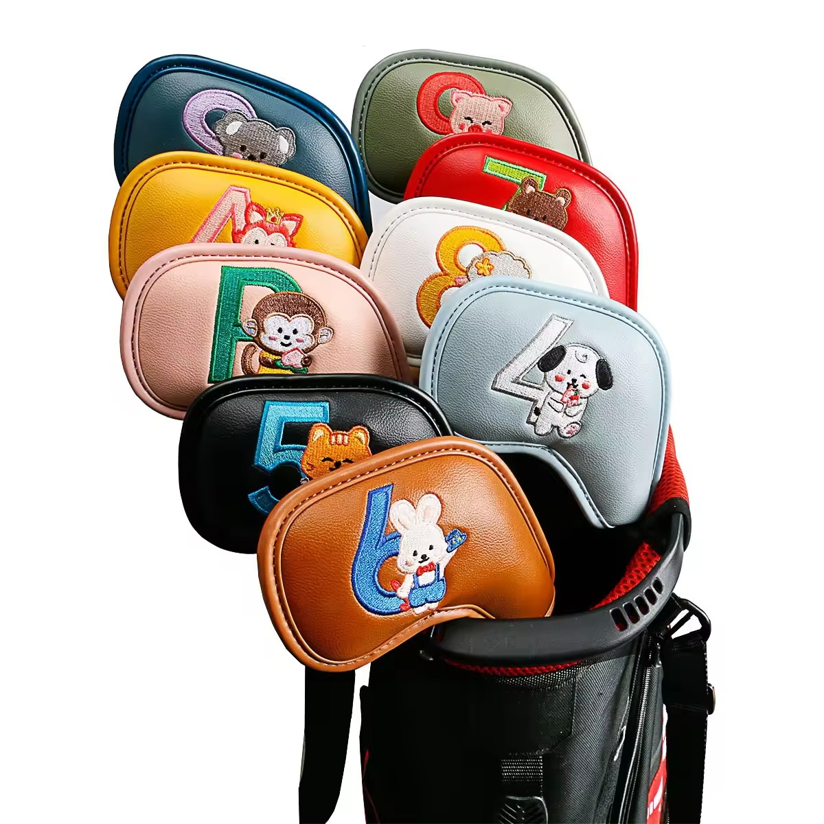 Women Accessories For Gift - ชุดคลุมหัวไม้กอล์ฟลายการ์ตูนสัตว์น่ารัก 9 ชิ้น, วัสดุหนัง PU ปักลาย,